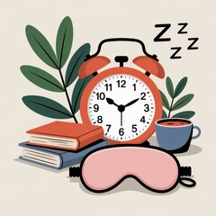 Sleep Routine Items Set featuring alarm clock, book and eye mask grouped together, created as a calm neutral scene for mindfulness, mental balance and routine planning 