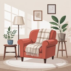 Soft Throw On Chair featuring a throw blanket placed over chair back, created as a calm neutral scene for mindfulness, mental balance and routine planning without distracting from main content.