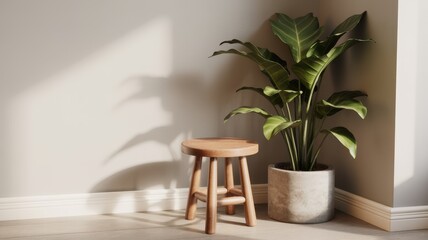Calm Corner Plant And Stool featuring a plant pot next to a small stool, created as a calm neutral scene for mindfulness, mental balance and routine planning without distracting from main content