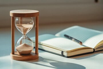 Sand Timer And Notebook featuring a small sand timer beside a notebook, created as a calm neutral scene for mindfulness, mental balance and routine planning without distracting from main content.