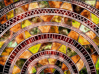 Abstract geometric tribal background with circular patterns and grunge watercolor texture on old paper
