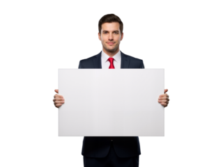 Confident businessman in navy suit holds blank white board against black backdrop—ideal for custom messages. Professional, poised, and ready to present. Perfect for ads, corporate branding, or politic