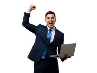 Excited businessman with glasses celebrating success at laptop in modern office setting, fists raised in victorious gesture.