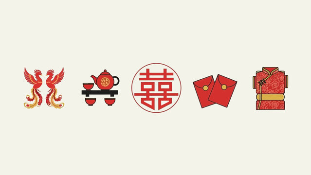 Traditional Chinese wedding symbols including phoenixes, tea set, double happiness, red envelopes, and attire.