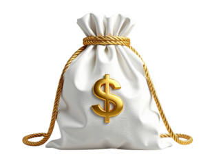  Premium Wealth Concept White Cloth Bag with Gold Rope and Dollar Emblem PNG