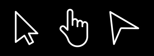 White outline mouse cursor and hand pointer icons on black background, Computer Arrow Click Symbol Set, Web Navigation UI Element, Digital Interface Interaction Vector, Vector illustration.