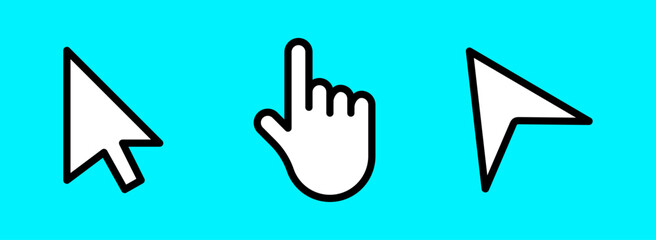 Cursor and pointer icons on bright cyan background, Mouse arrow and hand click symbols, User interface navigation icons, Selection and interaction UI graphics, Cursor icon set, Vector illustration.