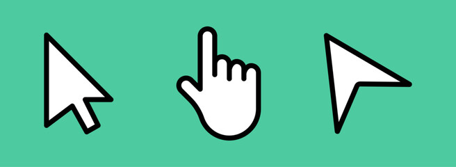 Cursor and pointer icons for user interface interaction, Mouse arrow and hand click symbols, Navigation and selection UI icons, Computer pointer graphic elements, Cursor icon set, Vector illustration.