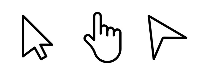 Black outline mouse cursor and hand pointer icons, Computer Arrow Click Symbol Set, Web Navigation UI Element, Digital Interface Interaction Vector, Vector illustration.