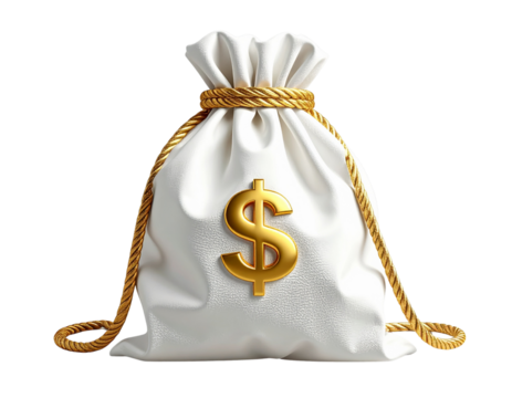  Premium Wealth Concept White Cloth Bag with Gold Rope and Dollar Emblem PNG - Powered by Adobe