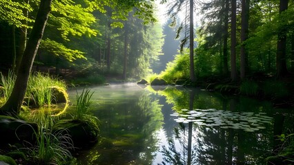 Fototapeta premium Pond in the middle of a forest with water lilies surrounded by lush green trees and natural vegetation creating a scenic and peaceful nature landscape ideal for outdoor photography