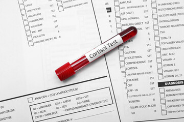 Fototapeta premium Blood samples of cortisol on laboratory test forms as background, closeup. Medical concept