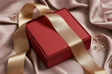 Luxury red gift box with golden ribbon on pink silk fabric
