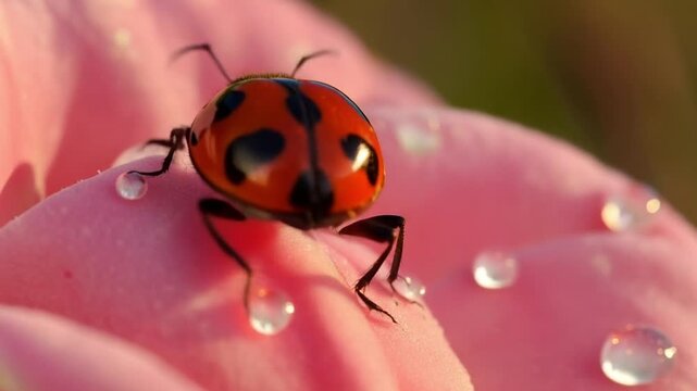 Extreme macro of a ladybug crawling on a dewy rose petal in soft morning light, highlighting delicate details, minimal composition, and natural beauty.