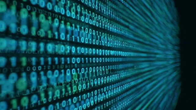 Abstract digital data stream visual with binary code patterns.