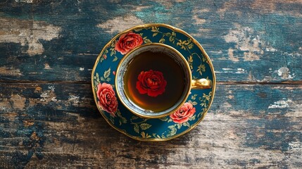 A photography of a vintage teacup, vivid deep blue background with hand-painted red roses, heavy gold rim, sitting on a rustic wooden surface, tea liquid surface visible, elegant, luxury vintage style