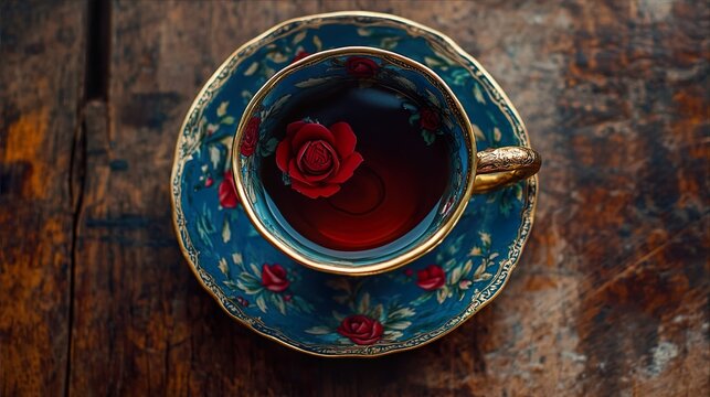 A photography of a vintage teacup, vivid deep blue background with hand-painted red roses, heavy gold rim, sitting on a rustic wooden surface, tea liquid surface visible, elegant, luxury vintage style - Powered by Adobe