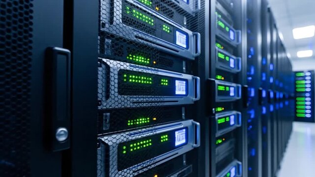 Rows of server racks with glowing green lights in a data center facility viewed from a close-up angle
