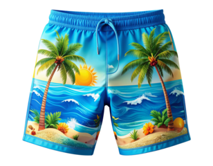 Blue Beach-Themed Swim Trunks with Sun and Palm Pattern, Playful Summer Style PNG