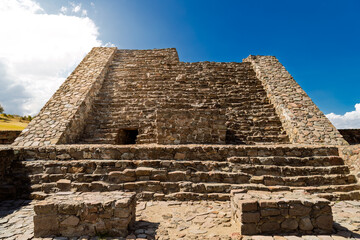 Ancient Ehecatl Quetzalcoatl temple close up view in Calixtlahuaca archaeological site, Mexico