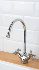 Modern kitchen faucet with shiny chrome finish and cross handles on wooden counter near white wall tiles.