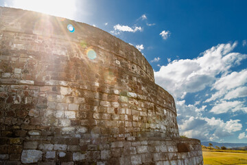 Sun shining over the ancient Ehecatl Quetzalcoatl temple details in Calixtlahuaca, Mexico