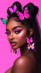 Confident Black Woman Glamorous Hair Model Makeup in Glamorous Makeup and Golden Hour Lighting