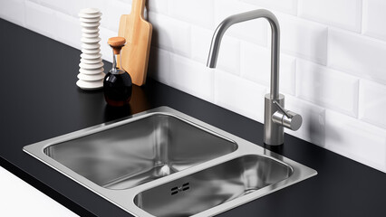 Modern kitchen sink setup with faucet, cutting board, and seasoning container on black countertop.