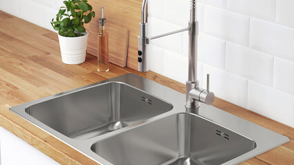 Modern kitchen sink setup with double basin and stainless steel faucet on wooden countertop near...