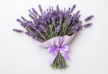 Purple lavender bouquet, tied with ribbon, on white background