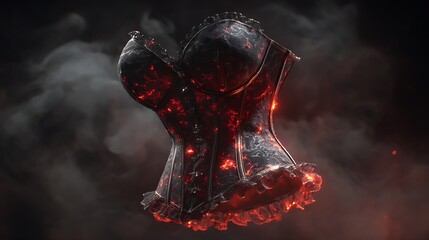 a gothic corset forged from black steel and molten lava veins, floating in dark smoke, glowing red embers, demonic fashion artifact, no human, ultra-detailed texture, cinematic lighting, infernal 