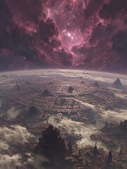 A sci-fi planet dedicated entirely to structured knowledge, viewed through drifting nebula clouds