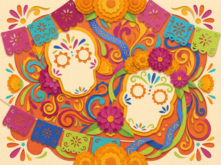Fototapeta premium Calaverita Literaria Paper Art. Colorful decorative paper-art illustration inspired by Calaverita literaria themes, vibrant Mexican floral patterns, sugar-skull-style motifs without faces.