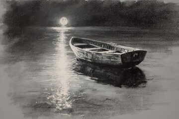 Wooden rowboat floats under bright full moon reflection