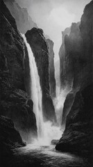 Waterfall plunges through dramatic dark rocky canyon walls