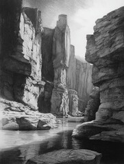 Dramatic pencil sketch of a canyon river flowing between