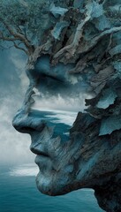 Profile human face formed by tree bark and ocean scene