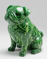 Green ceramic pug statue with detailed foliage engraving