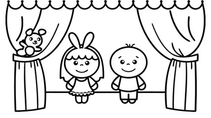 Children on puppet theater stage with toy