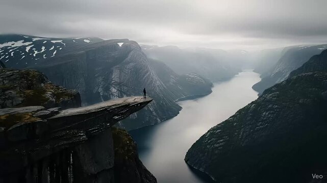 Person standing on edge of cliff overlooking serene fjord landscape