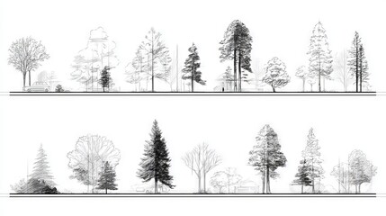 Fototapeta premium Architectural tree elevation drawing with diverse species in rows, black and white sketch for landscape design, planning, and urban visualization