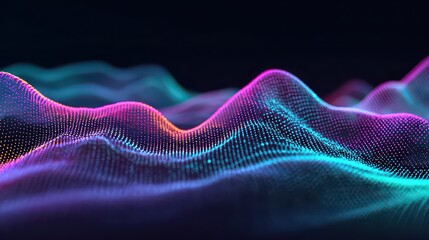 Abstract Digital Landscape with Wavy Surface and Vibrant Gradients of Blue Pink and Orange on a Dark Background