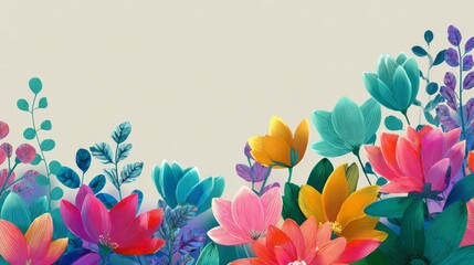 Colorful stylized botanical illustration with vibrant flowers and leaves on white background, artistic floral composition for nature and design themes