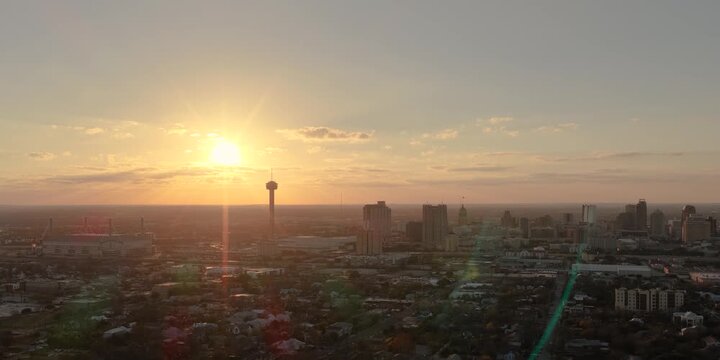 Aerial Downtown San Antonio City Skyline at Sunset