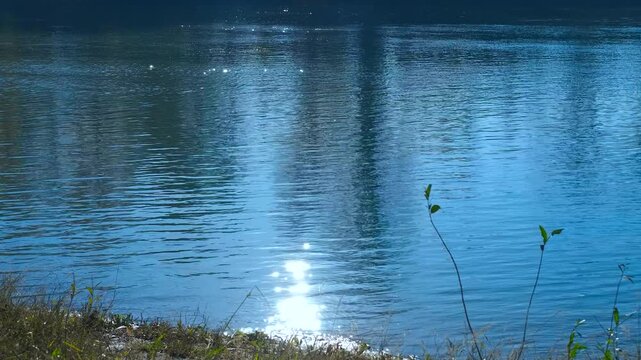 Water surface with sun reflection and small splash. Calm blue water rippling gently with a bright sun reflection glittering on the surface as a small, unseen object creates a splash