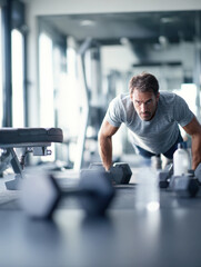 Fototapeta premium Determined athletic man performing pushups using dumbbells on a gym floor. Focus on intense strength training, muscle building, and a healthy fitness lifestyle in a bright, modern workout facility