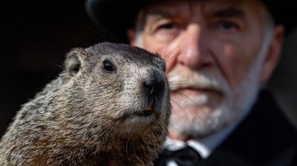 animal handler fashion, the handler elegantly holds phil the groundhog in a formal tuxedo and top hat as he emerges from his burrow for a dramatic close-up