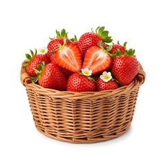 Fresas frescas en una cesta de mimbre con hojas verdes y flores blancas.