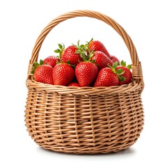Fresas frescas en una cesta de mimbre sobre fondo blanco
