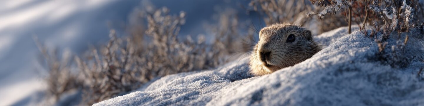wildlife photography, high-quality hyper-realistic digital art showcasing an ultra-wide snowy landscape at dawn, revealing a detailed burrow entrance and a lone groundhog peeking out